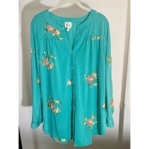 Anthropologie Fig & Flower Button Front Blouse Boho Top XL Embroidery Roll Tab